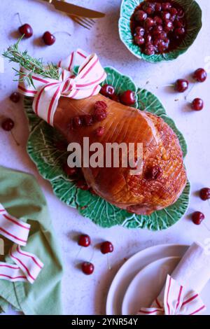 Baked Ham with Cherry and Maple Syrup Glaze. Stock Photo