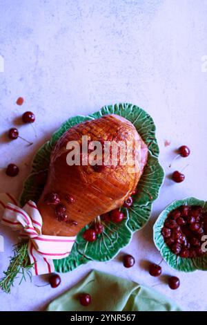 Baked Ham with Cherry and Maple Syrup Glaze, with Negative Space. Stock Photo