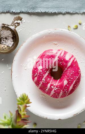 Pink donuts strawberry flavour. Top view. Stock Photo