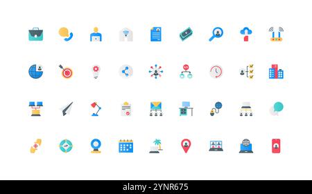Freelance and remote work of employee freelancer, webinar and online conference color icon set. telework in home office, computer and desk workplace, meeting flat elements vector illustration Stock Vector