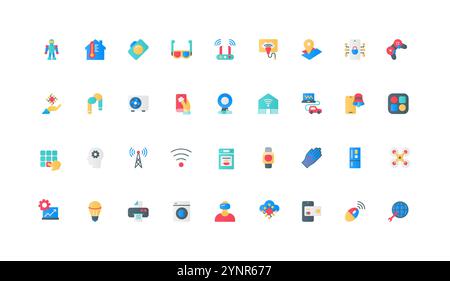 Autonomous electronic device and wireless equipment of smart home, IoT color icon set. Control and access, management of modern gadget with sensor, robot and drone flat elements vector illustration Stock Vector