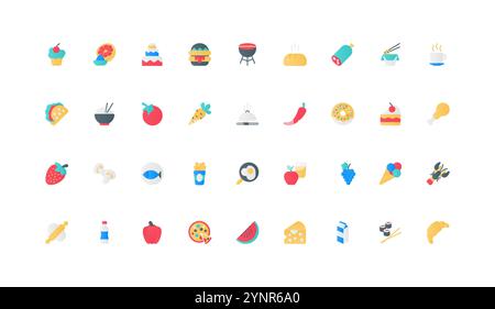Home and restaurant, cafe meals of breakfast, lunch and dinner, fast food and healthy diet color icon set. Fruit and vegetable, sandwich and burger, coffee, fish flat elements vector illustration Stock Vector