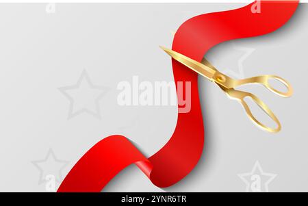 Red ribbon cutting with scissors on banner background template. Vector illustration Stock Vector