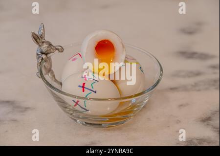 Easter eggs in bunny bowl Stock Photo
