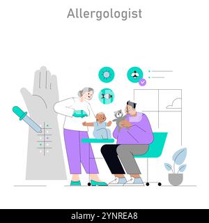 Allergologist concept. A pediatric allergist consults with a child and parent, indicating inclusive healthcare. Medical icons reflect allergy testing and treatment. Vector illustration. Stock Vector
