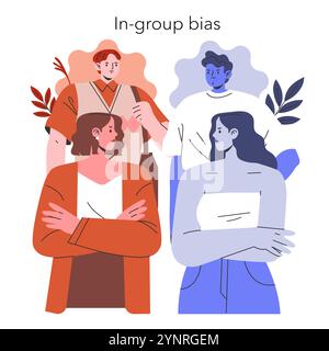 Cognitive Bias concept. Illustration presenting in-group bias with diverse characters displaying preference for their group. Social psychology and behavior. Vector illustration. Stock Vector