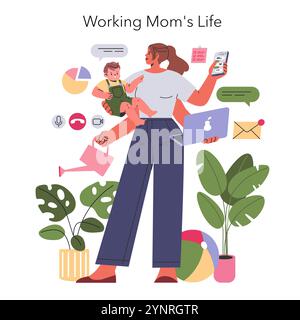 Working Mom Life concept. Balancing child care, work, and household chores all at once. Multi-tasking, harmony, and time management. Vector illustration. Stock Vector