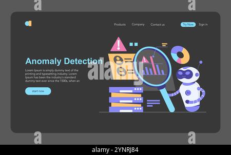 AI Cybersecurity concept. Digital anomaly detection interface with a robot analyzing data. Network protection, threat monitoring and assessment. Vector illustration. Stock Vector