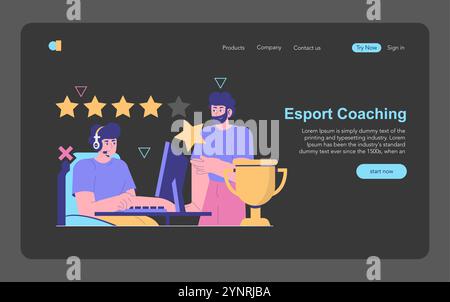 Esport Coaching concept. An instructor guides a gamer to victory, highlighted by stars and trophies. Mentorship in competitive gaming. Vector illustration. Stock Vector