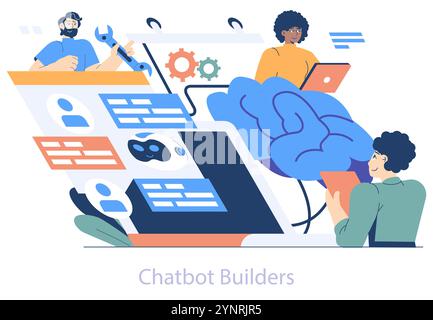 AI Hobbyist concept. Diverse individuals engage with chatbot development tools, collaborating to create intelligent conversational agents. Vector illustration. Stock Vector