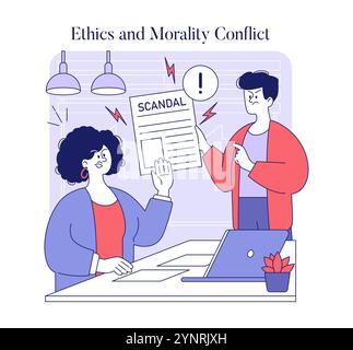 Workplace dispute concept. Illustration of a heated argument between colleagues over a scandalous document, highlighting ethical conflicts. Vector illustration. Stock Vector