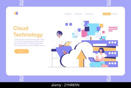 Cloud Technology concept. Two professionals working on laptops with abstract data and cloud graphics. Remote collaboration through modern digital solutions. Vector illustration. Stock Vector