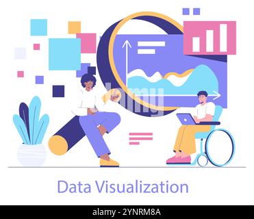 Data Visualization concept. Professionals analyzing and illustrating complex data with charts and graphs. Digital analysis, big data interpretation. Vector illustration. Stock Vector