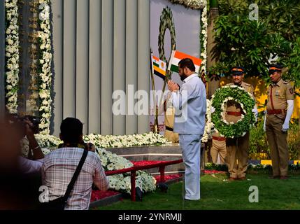 MUMBAI, INDIA - NOVEMBER 26: CM Eknath Shinde pay homage to the Martyrs of 26/11 attacks at Mumbai Police Headquarters on November 26, 2024 in Mumbai, India. On November 26, 2008, Mumbai terror attack, 10 armed militants from the Pakistan-based terrorist group Lashkar-e-Taiba (LeT) entered Mumbai via sea route and launched a series of attacks at prominent locations including the Taj Mahal Palace Hotel, Oberoi Trident Hotel, CST Railway Station, and Nariman House. As many as 166 people lost their lives including 18 security personnel and over 300 were injured. The attacks lasted for nearly four Stock Photo