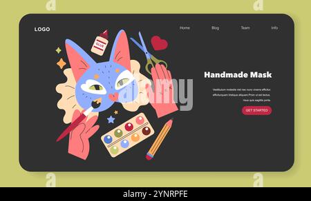 Handmade Mask concept. A colorful cat mask crafted with creative flair and art supplies. Arts and crafts website banner. Vector illustration. Stock Vector