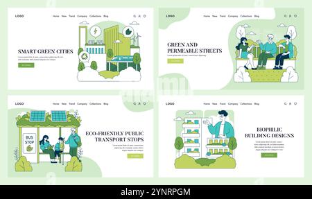 Green Infrastructure set. Urban sustainability with green buildings and eco-friendly transport. Renewable energy integration. Vector illustration. Stock Vector