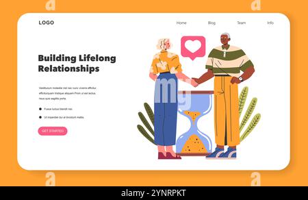 Building Lifelong Relationships concept. Illustration of two diverse individuals shaking hands over an hourglass, symbolizing enduring partnerships. Webpage design, inclusive teamwork theme. Vector illustration. Stock Vector