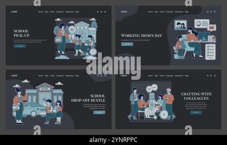 Working Mom Day set. Balancing work, school runs, and family time. Professional woman navigating motherhood and career challenges. Vector illustration. Stock Vector
