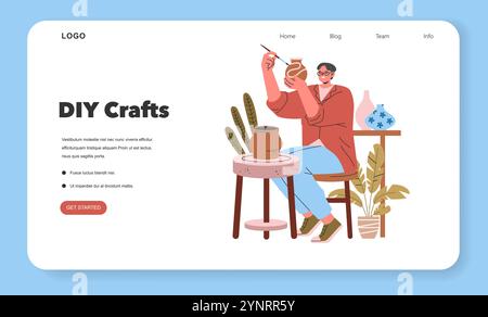 Millennial Hobbies concept. A person enjoys pottery painting, surrounded by home plants, embracing the do-it-yourself craft trend. A cozy, creative scene reflecting a modern pastime. Vector illustration. Stock Vector