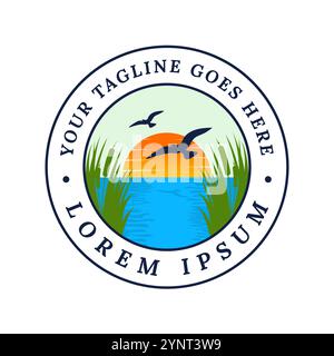 Natural Scenery Stamp featuring Sunset, Birds flying in the Sky and typical Vegetation Elements such as grass by the water is suitable for tourism com Stock Vector