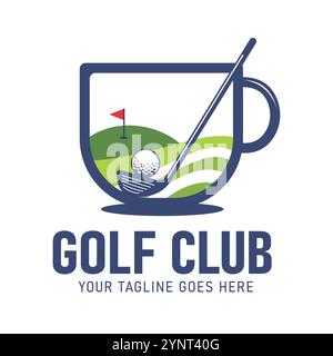 Unique and Creative with cup illustration. Golf Ball on Green Grass with Golf Club and Red Flag Logo suitable for golf club business, sports themed ca Stock Vector