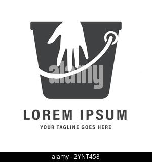 A logo with a minimalist design featuring a bucket silhouette with a hand element on top. This symbol is suitable for cleaning service companies, soci Stock Vector