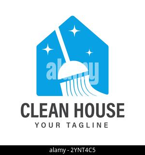 Minimalist Logo featuring Broom Icon and Blue House, surrounded by Glitter to represent Cleanliness Suitable for Cleaning Services Company, Home Clean Stock Vector