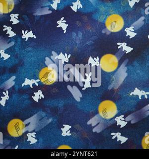 Cute Japanese patterns with rabbits, clouds and moons - autumnal theme Stock Photo