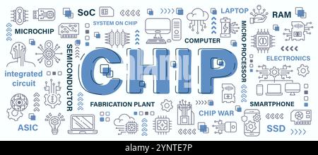Chip . Semiconductor concept . Word with line icon art banner style . Editable stroke . Vector . Stock Vector