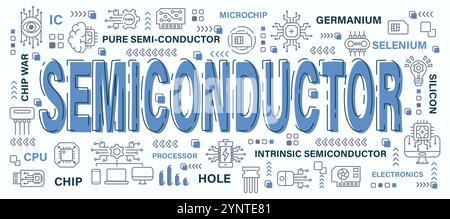 Semiconductor . Word with line icon art banner style . Editable stroke . Vector . Stock Vector