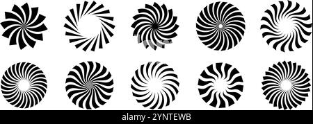 Set of black circle rotating rays and beams. Radial sunburst elements pack. Round spinning swirls, stars and twirls pack. Illustration bundle for banner, badge, sticker, poster. Vector Stock Vector