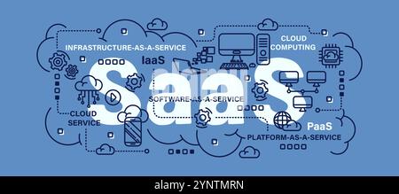 Software as a service or SaaS . Cloud computing concept . Word with line icon art banner style . Editable stroke . Vector . Stock Vector