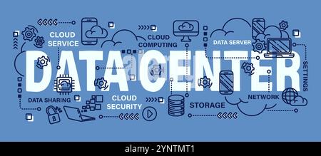 Data center. Cloud computing concept . Word with line icon art banner style . Editable stroke . Vector . Stock Vector