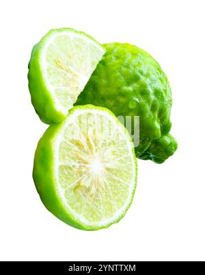 Top view of fresh green bergamot fruits or kaffir lime with half and quarter but no green leaf in stack is isolated on white background with clipping Stock Photo