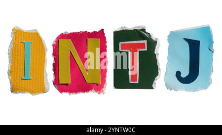 INTJ or Architect is a personality type with the Introverted, Intuitive, Thinking, and Judging traits. I, N, T and J letters torn from magazine paper Stock Photo