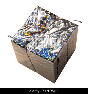 Gift box wrapped with reflective paper for Christmas day decoration on white background with clipping path Stock Photo