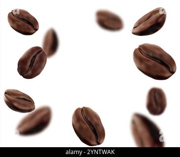 Scattered roasted coffee beans floating in various angles with motion blur effect. Flying sharp kernels and softly blurred on white background. Frame made from falling grains for coffee advertising. Stock Vector