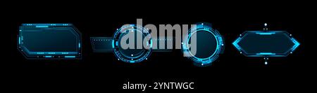 Futuristic blue frames with neon glowing tech elements on black backdrop. Various geometric shapes - circular, rectangular, hexagonal game borders. Realistic sci fi hud interface design overlay. Stock Vector
