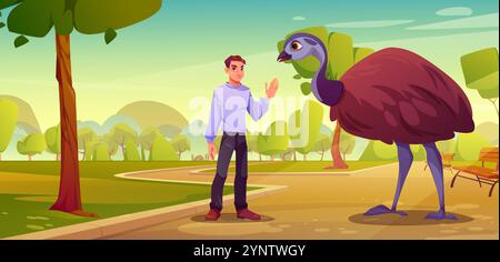 Man in park on path with ostrich. Garden landscape with tree, wooden bench, smiling male character and friendly rhea. Public environment with meadow and forest for walking. Summer scenery illustration Stock Vector