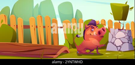 House backyard cartoon background. Wild garden with wood fence in summer. Tree log and warthog animal in green countryside area. Hunting pig in nature environment illustration. Wooden trunk outdoor Stock Vector