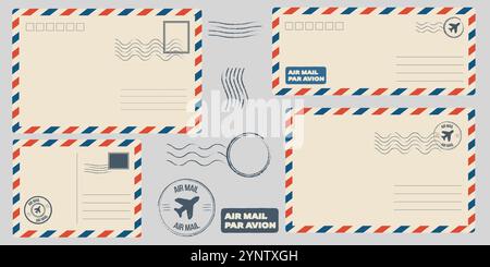 Backside blank travel postcard with dirty stain. Vector Air mail par avion postage stamps, stamp old post card empty Back side template tags postale Stock Vector