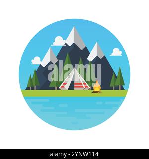 Camping tent with landscape logo. Vector illustration Stock Vector