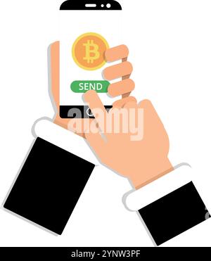 A hand is pointing to a phone screen with a Bitcoin symbol on it Stock Vector
