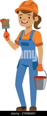 A woman in a blue overalls is holding a paintbrush and a bucket of paint Stock Vector