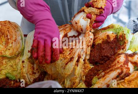 Seoul, South Korea. 27th Nov, 2024. People make Kimchi for a sharing event at the Jogyesa temple in Seoul, South Korea, Nov. 27, 2024. Credit: Jun Hyosang/Xinhua/Alamy Live News Stock Photo