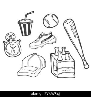 Baseball doodle set. Special equipment, player's clothing, field, ball, mitt. Hand drawn vector illustration isolated over white background. Stock Vector