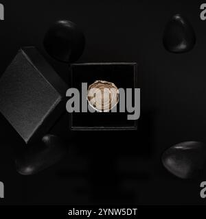 Silver fossil ring and black stones on a black background with a black jewelery case Stock Photo
