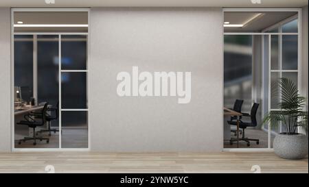 The interior of a modern office building indoor corridor in front of the office room features a white empty wall, a parquet flooring, and windows. 3d Stock Photo