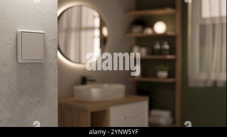 A close-up of a light switch on a white wall, with a blurred modern minimalist bathroom in the background. home electric light. 3d render, 3d illustra Stock Photo