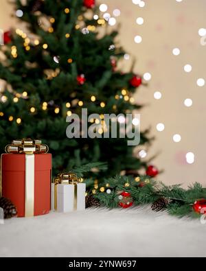 Beautiful, elegant Christmas background features Christmas present boxes and ornaments on a white carpet with a shining Christmas tree. 3d render, 3d Stock Photo